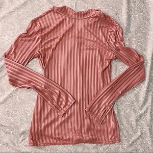Mock Neck Pink See-Through Long Sleeve Blouse